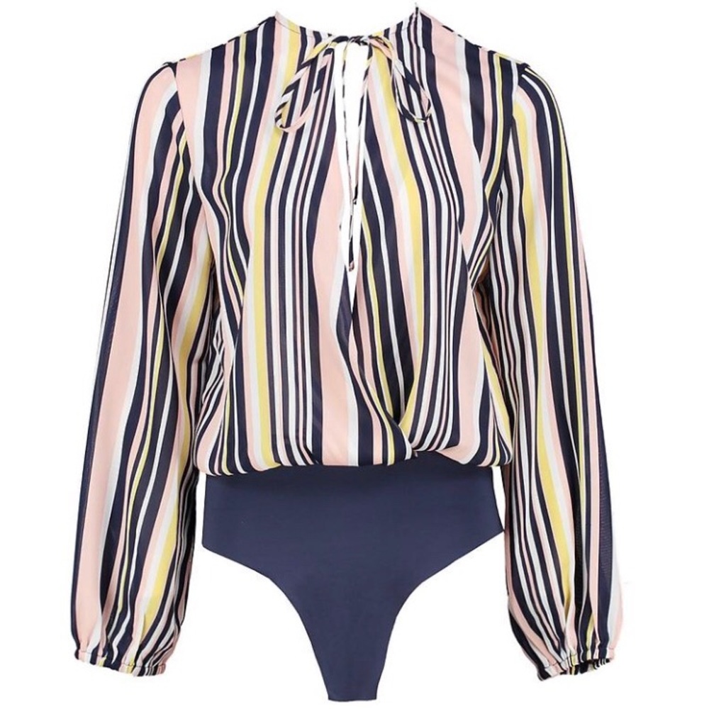 Boohoo Striped Tie-Neck Long Sleeve Bodysuit in Navy, Pink & Yellow